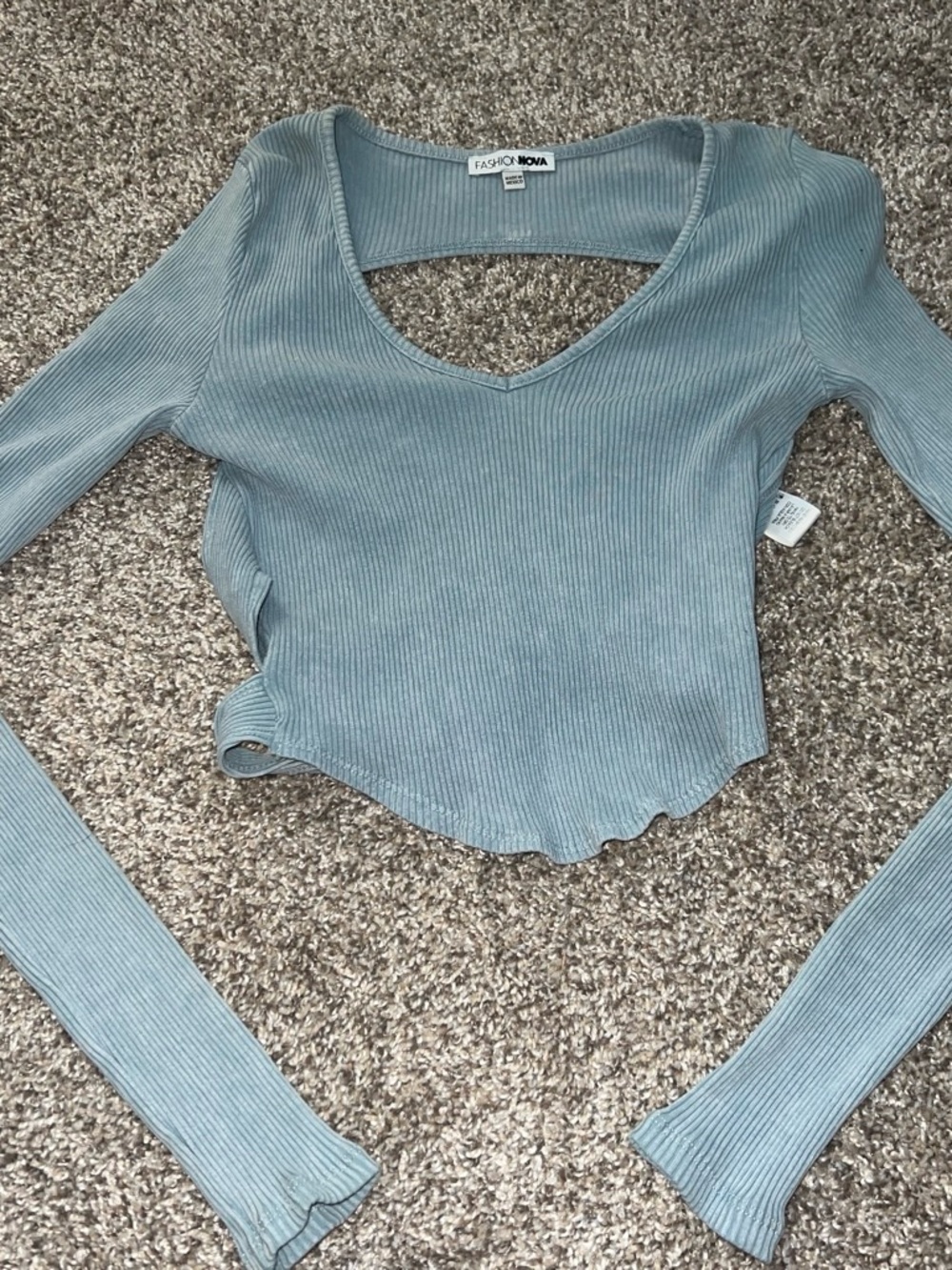 Fashion Nova Sage Ribbed V-Neck Long Sleeve Crop Top